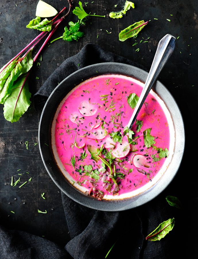 Spring beetroot gazpacho with kefir and wasabi