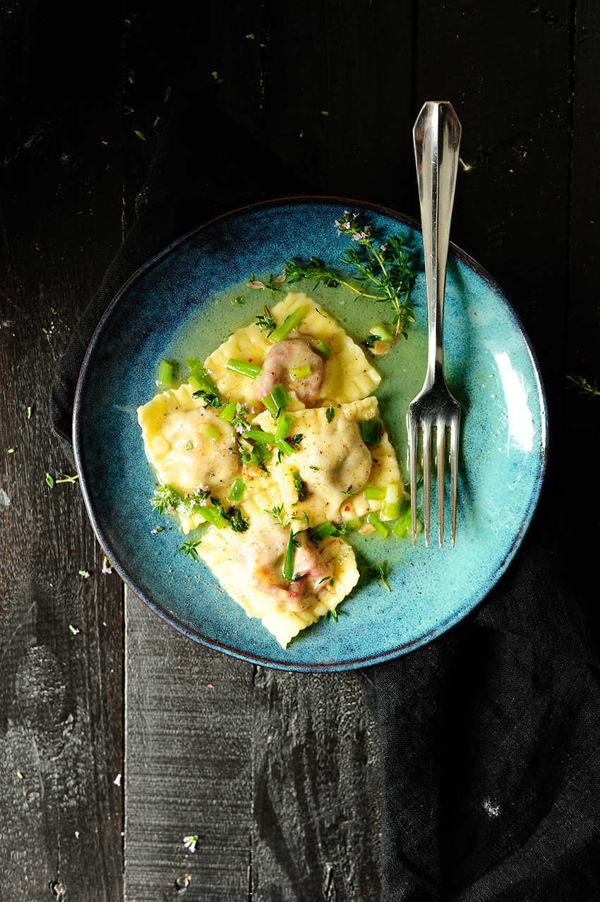 serving dumplings | Baby beets and goat cheese ravioli 