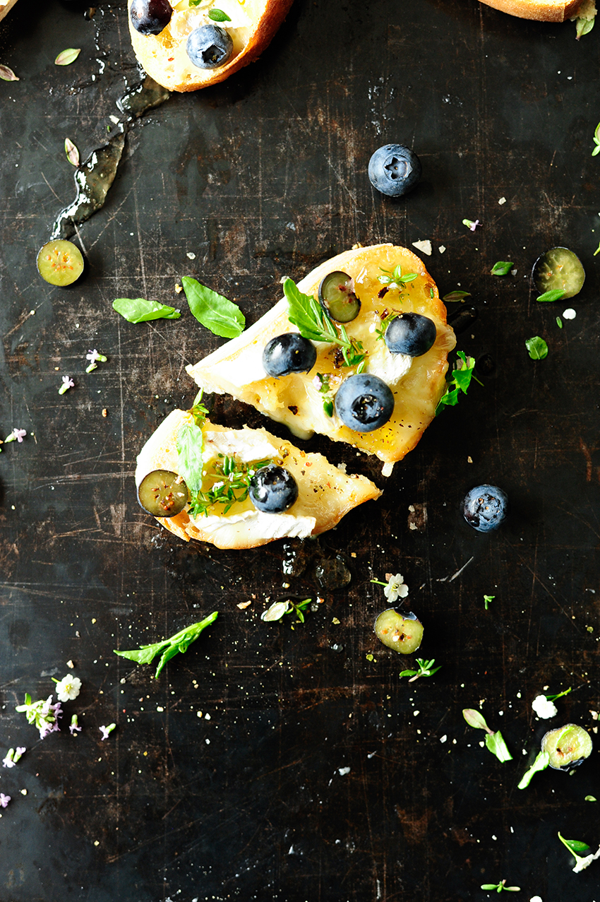 Blueberry brie crostini with elderflower dressing