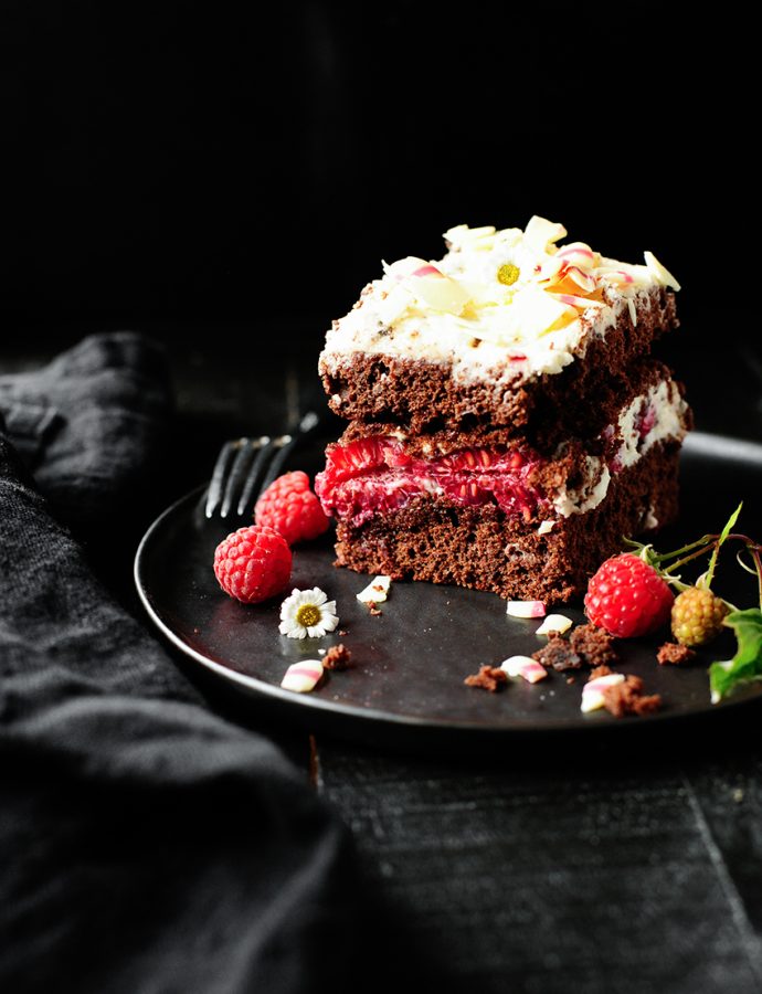 Chocolate stracciatella cake with raspberries