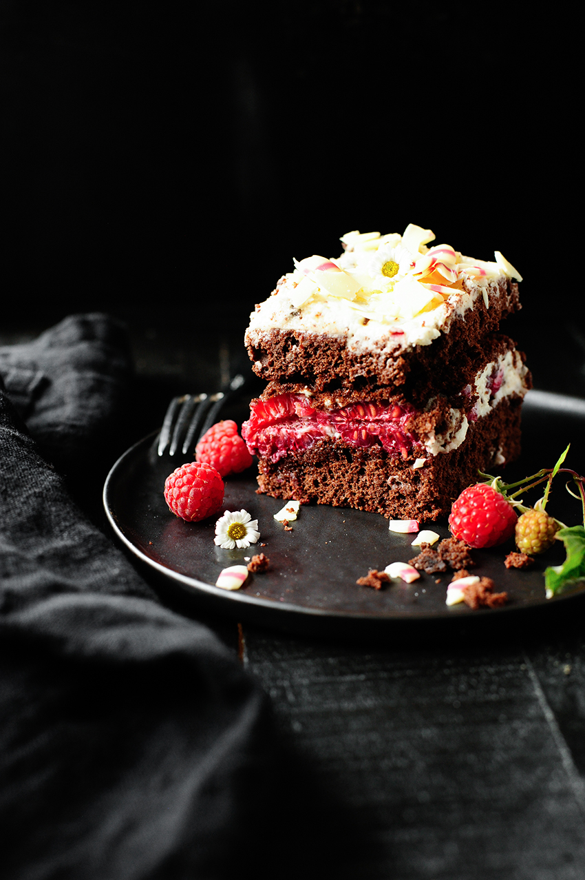 Chocolate stracciatella cake with raspberries 