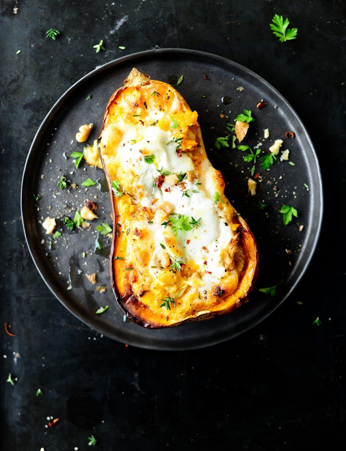 Baked butternut with apples, couscous and burrata