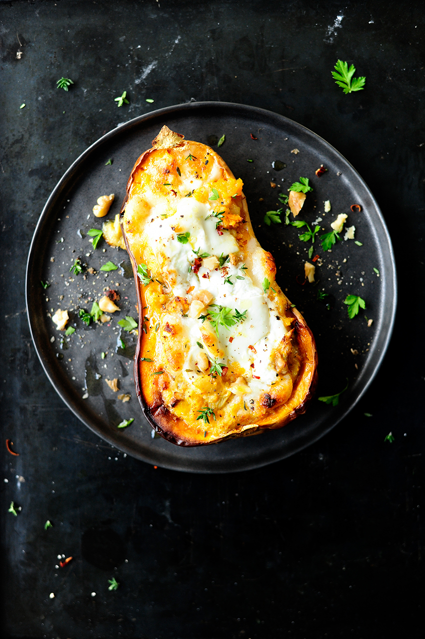 Baked butternut with apples, couscous and burrata