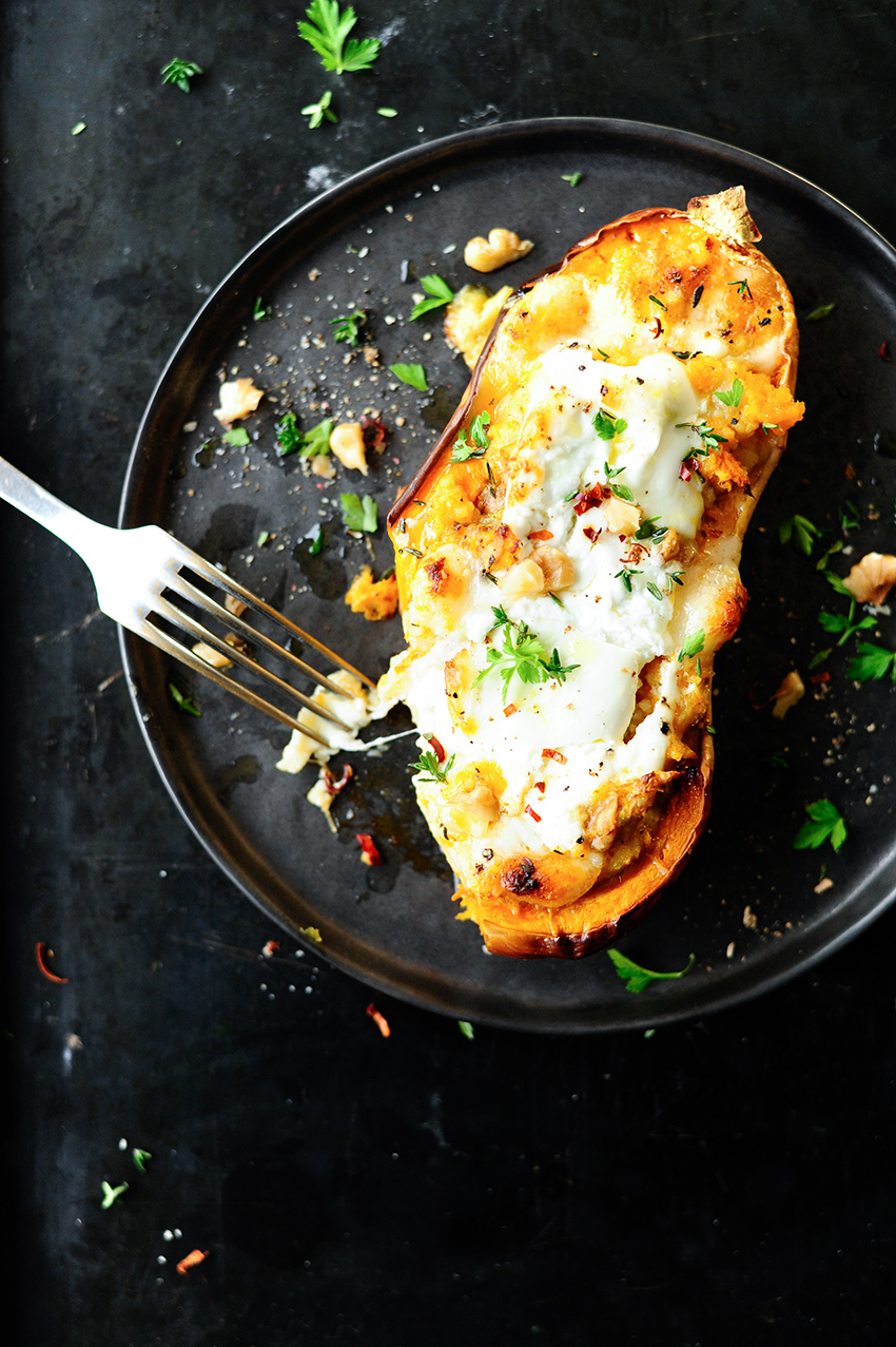 Baked butternut with apples, couscous and burrata