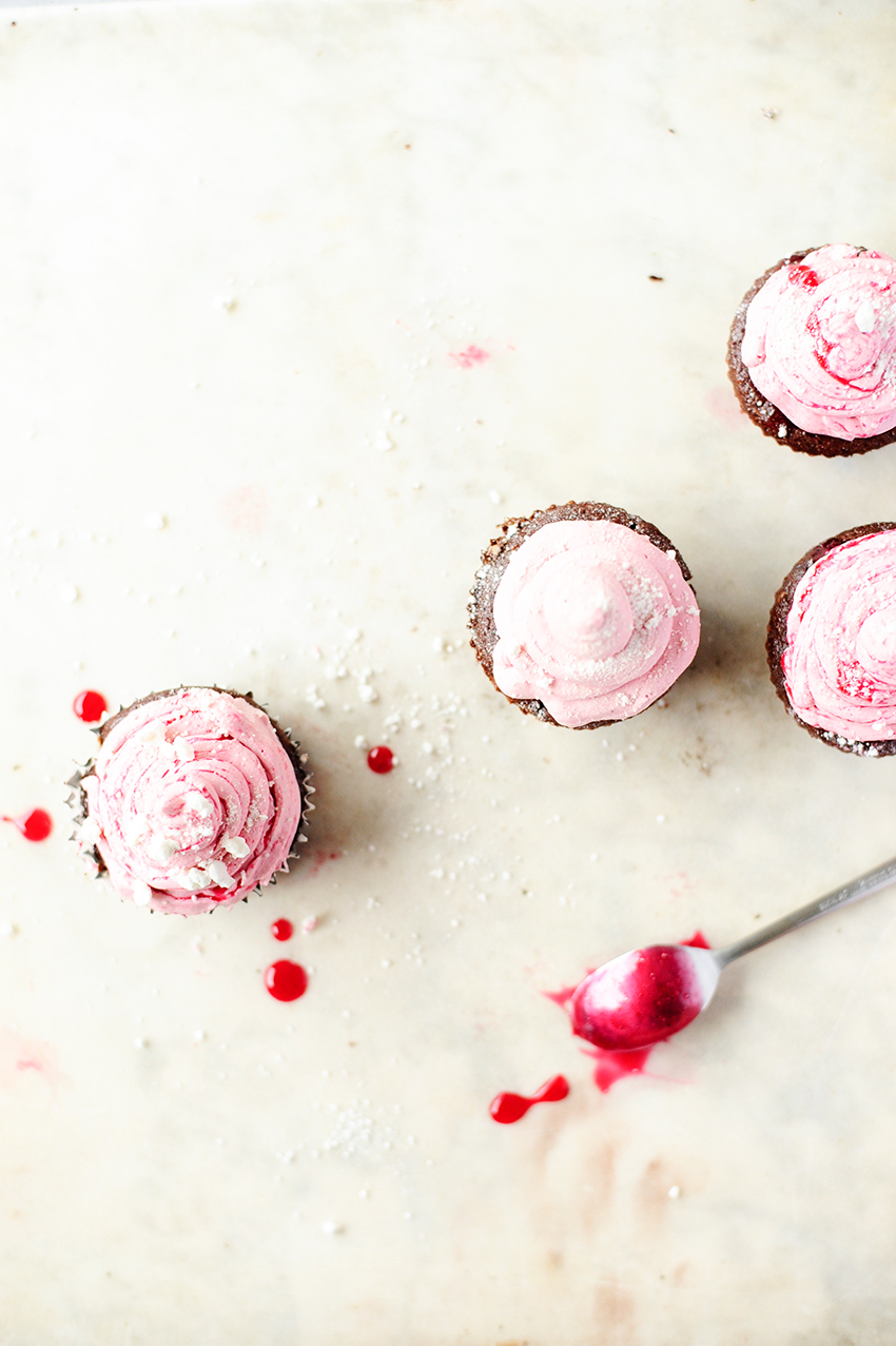 serving dumplings | Chocolate cupcakes with cranberry buttercream
