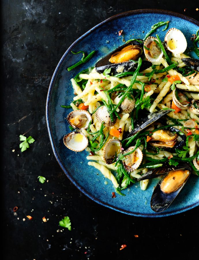 Seafood pasta with samphire and butter sauce