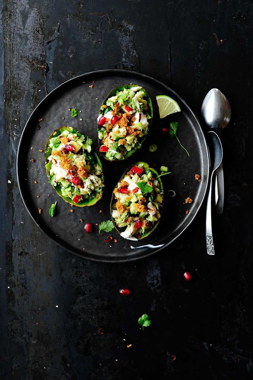 Smoked mackerel & crunchy vegetables stuffed avocados