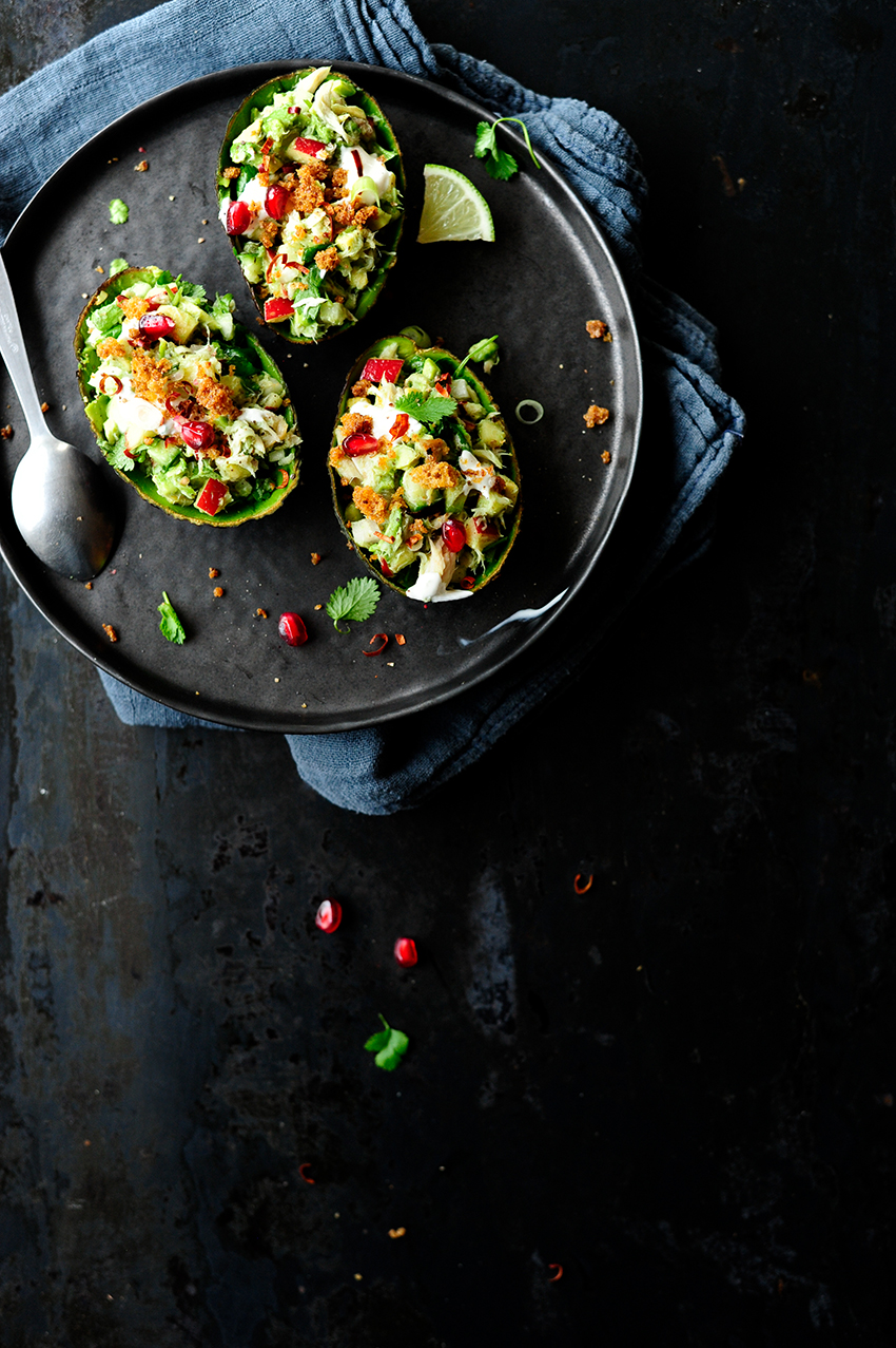 Smoked mackerel & crunchy vegetables stuffed avocados