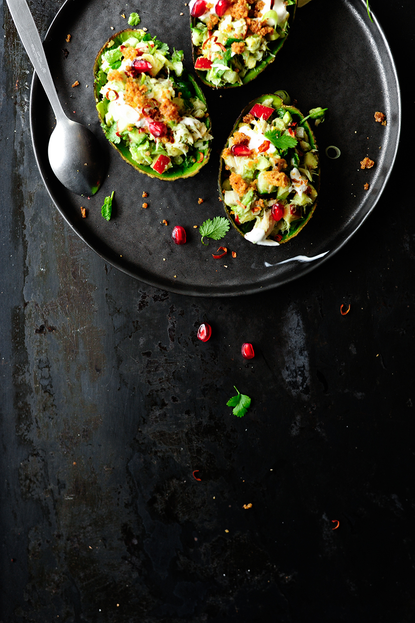 Smoked mackerel & crunchy vegetables stuffed avocados