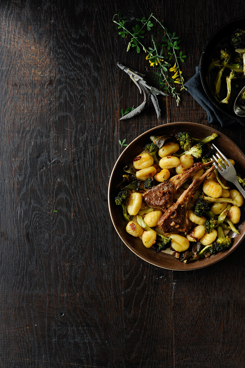 Roasted broccoli with gnocchi and lamb chops