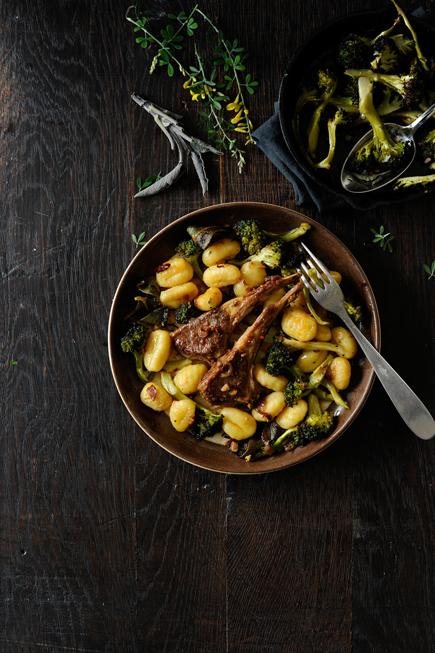 Roasted broccoli with gnocchi and lamb chops