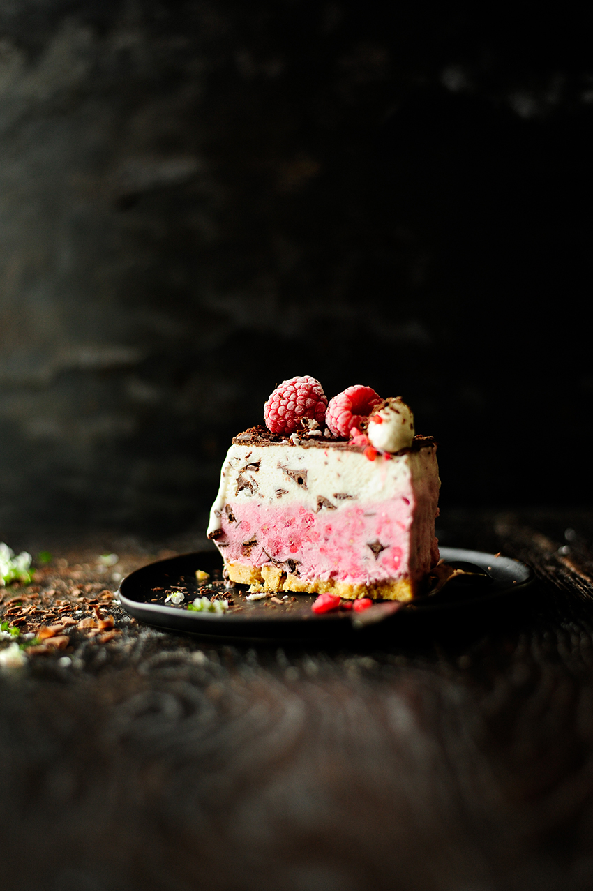 serving dumplings | Raspberry chocolate ice cream cake