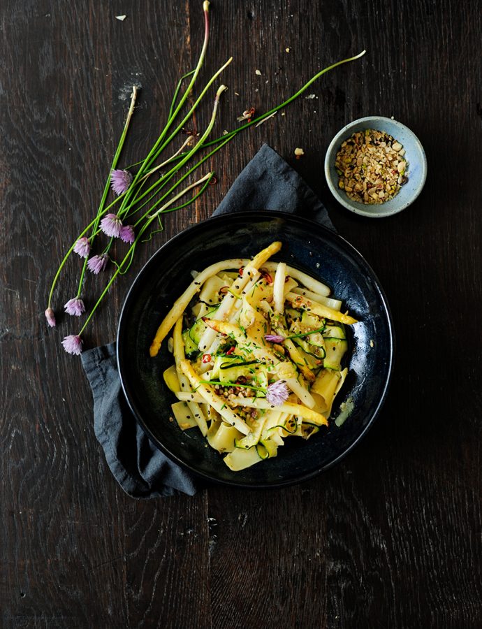 Pasta with roasted asparagus and zucchini