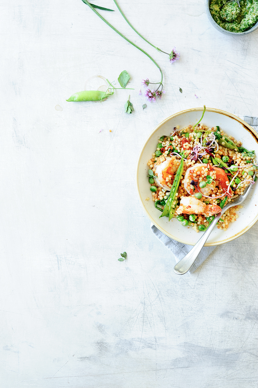 Pearl couscous with shrimps and fresh peas