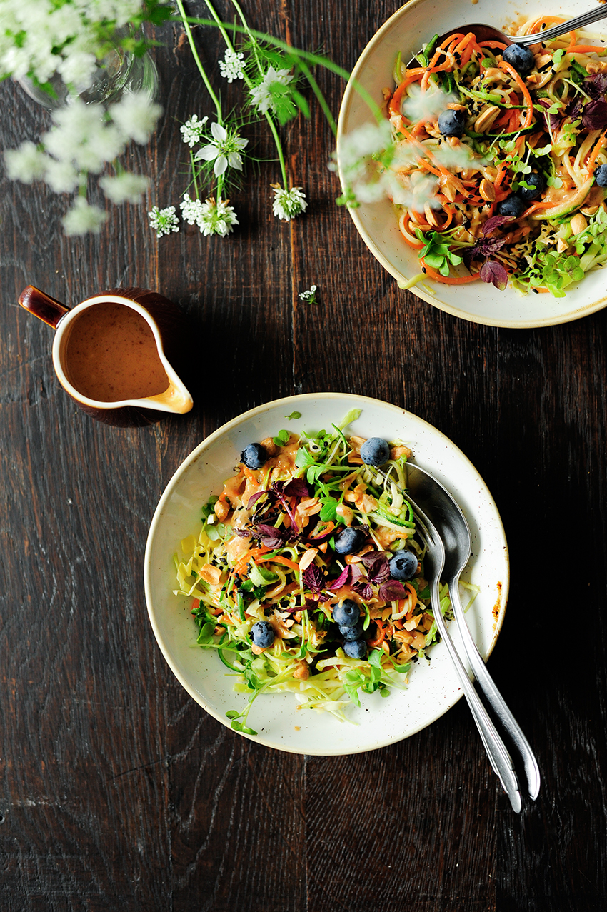 serving dumplings | Tahini peanut zucchini noodle bowl 