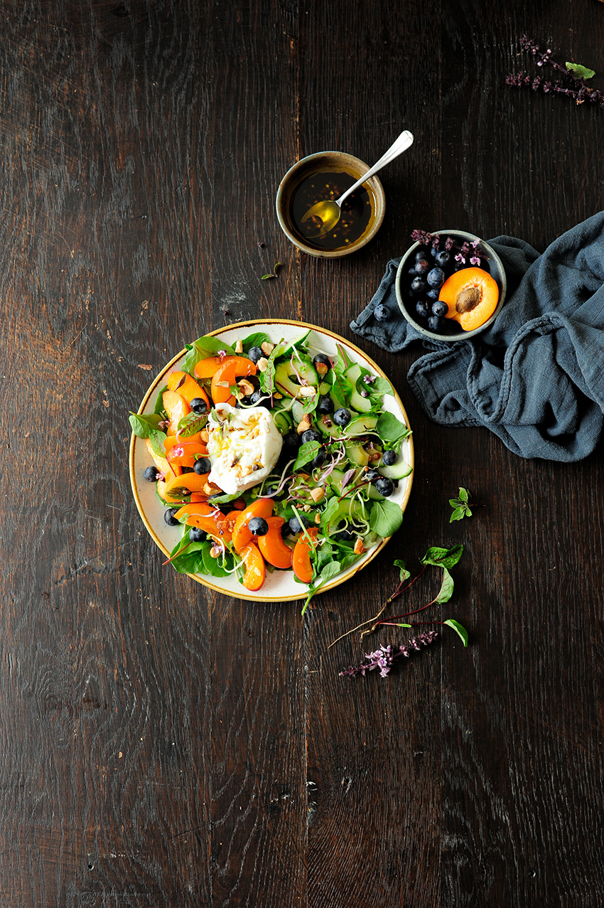 apricot and blueberry summer salad with burrata