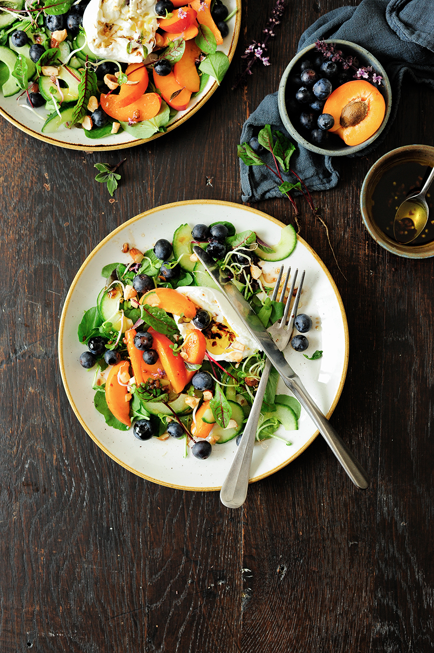 apricot and blueberry summer salad with burrata