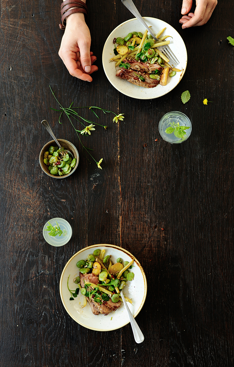 Grilled steak with fava and butter beans