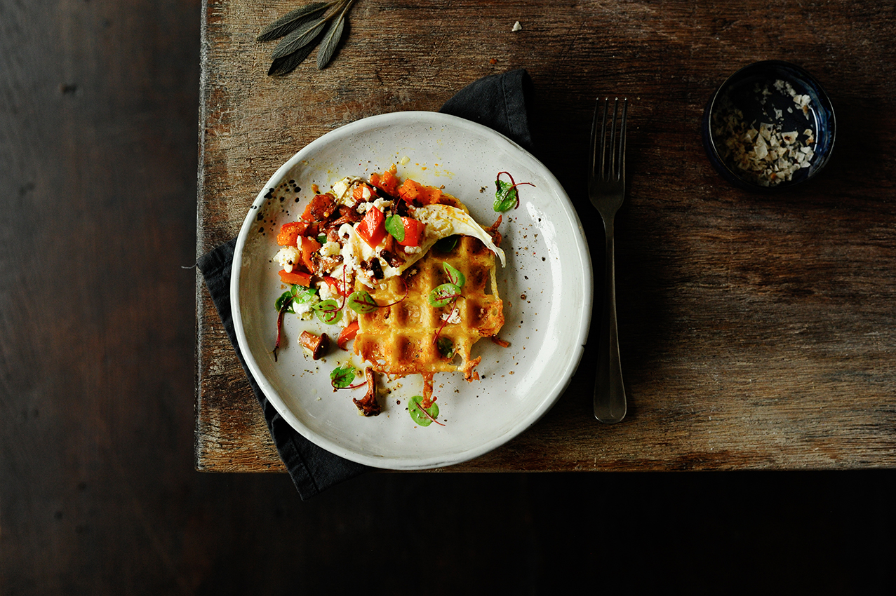 Potato waffles with roasted pumpkin and chanterelles