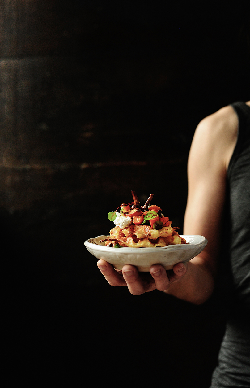 Potato waffles with roasted pumpkin and chanterelles