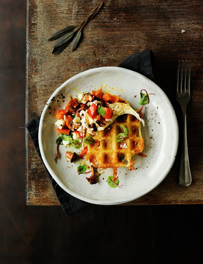 Potato waffles with roasted pumpkin and chanterelles