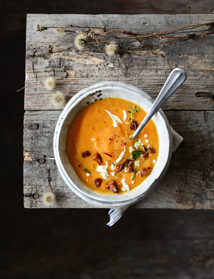 Roasted pumpkin soup with crispy chorizo and feta