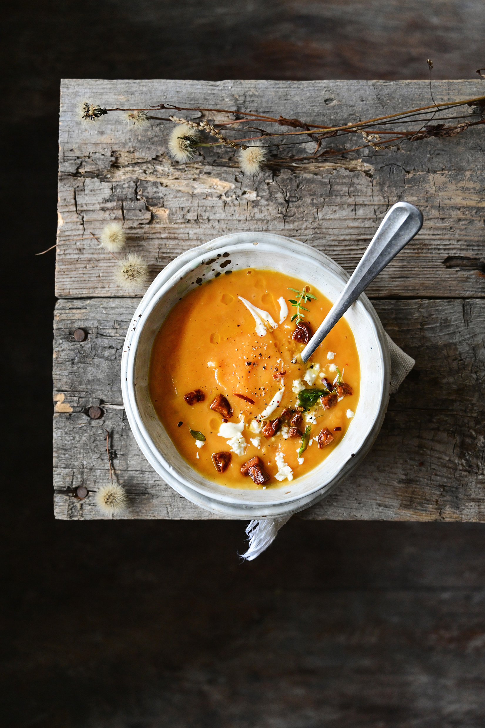 serving dumplings | Roasted pumpkin soup with crispy chorizo and feta