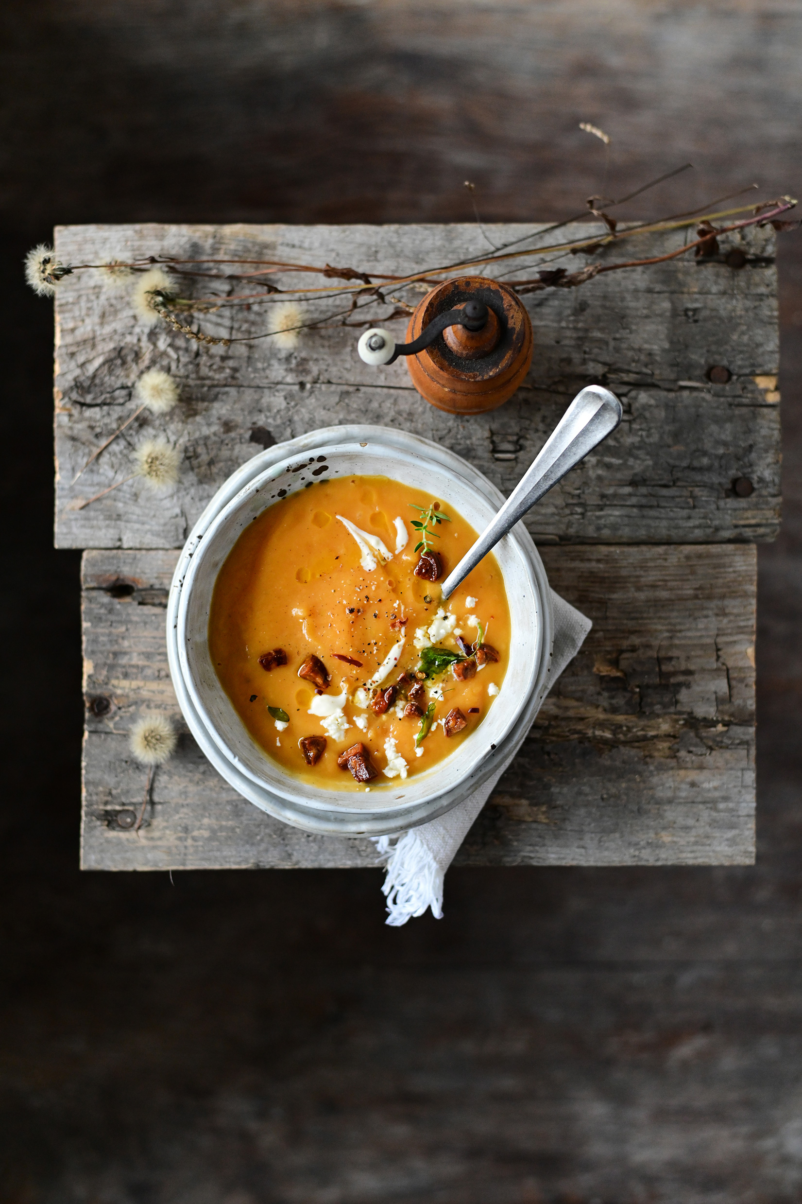 serving dumplings | Roasted pumpkin soup with crispy chorizo and feta