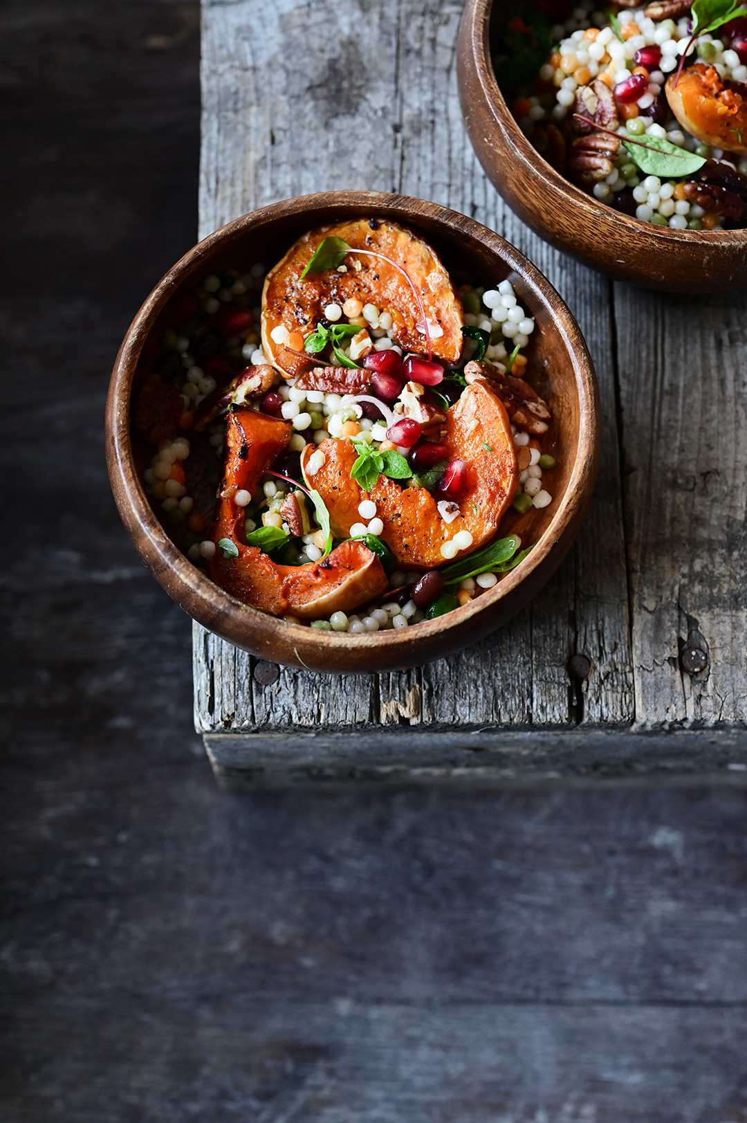 serving dumplings | Pearl couscous and roasted pumpkin salad with pomegranate