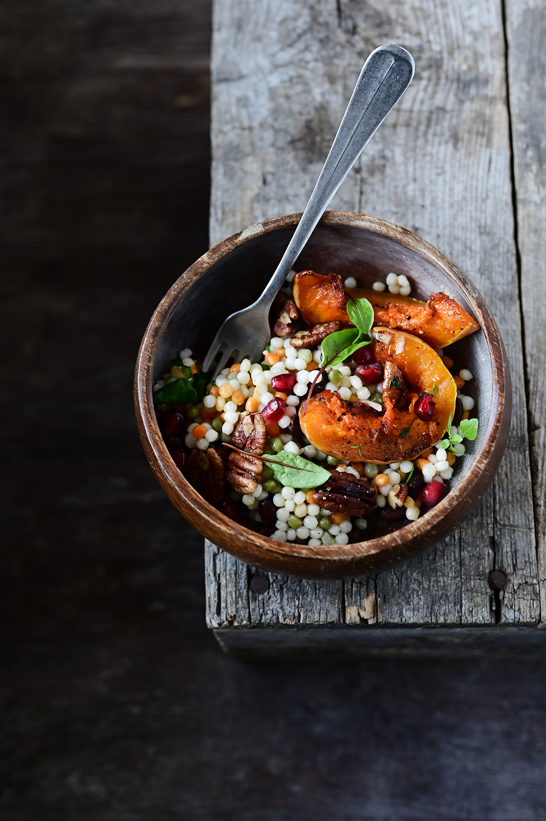 serving dumplings | Pearl couscous and roasted pumpkin salad with pomegranate