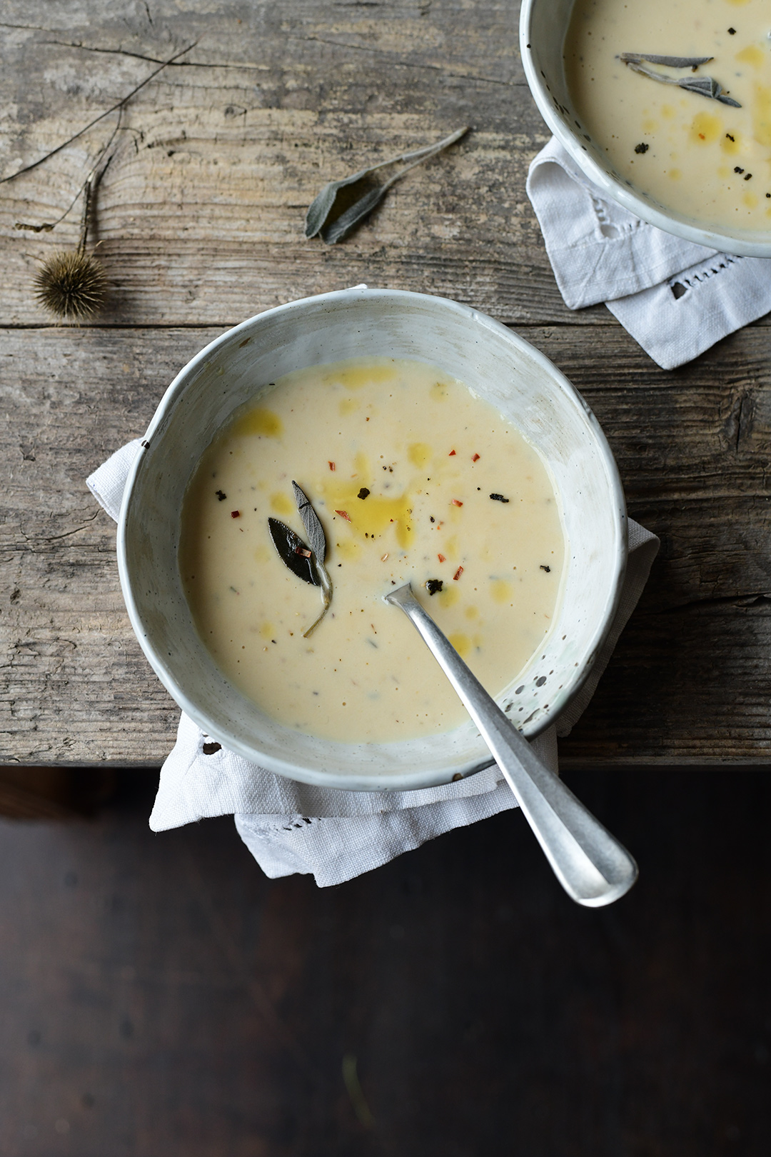 serving dumplings | Roasted garlic soup