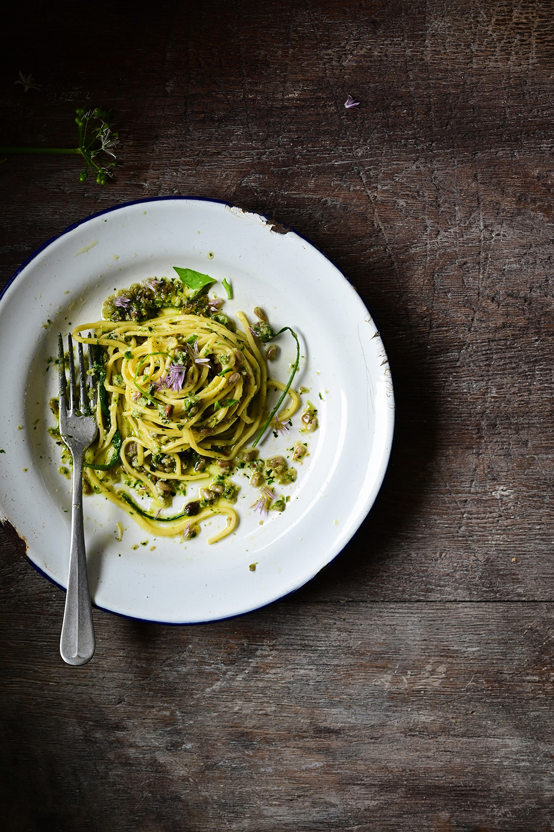 Spring pasta with wild garlic pesto