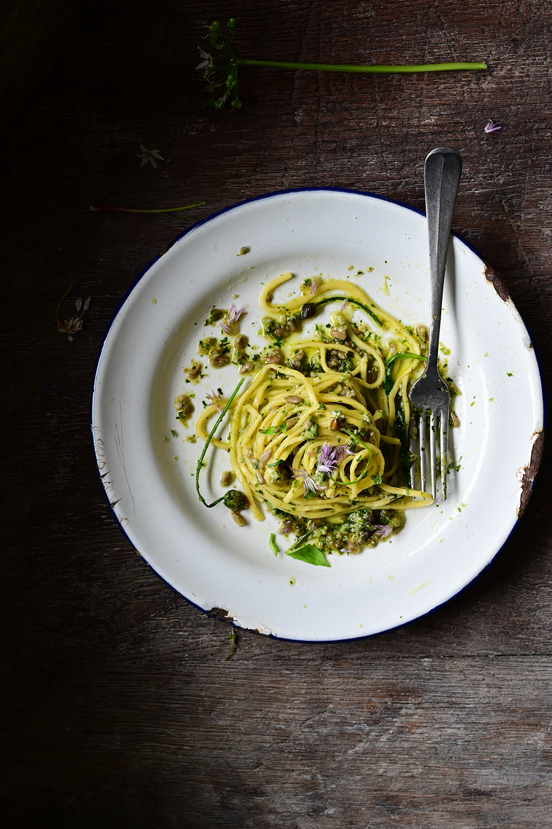 Spring pasta with wild garlic pesto