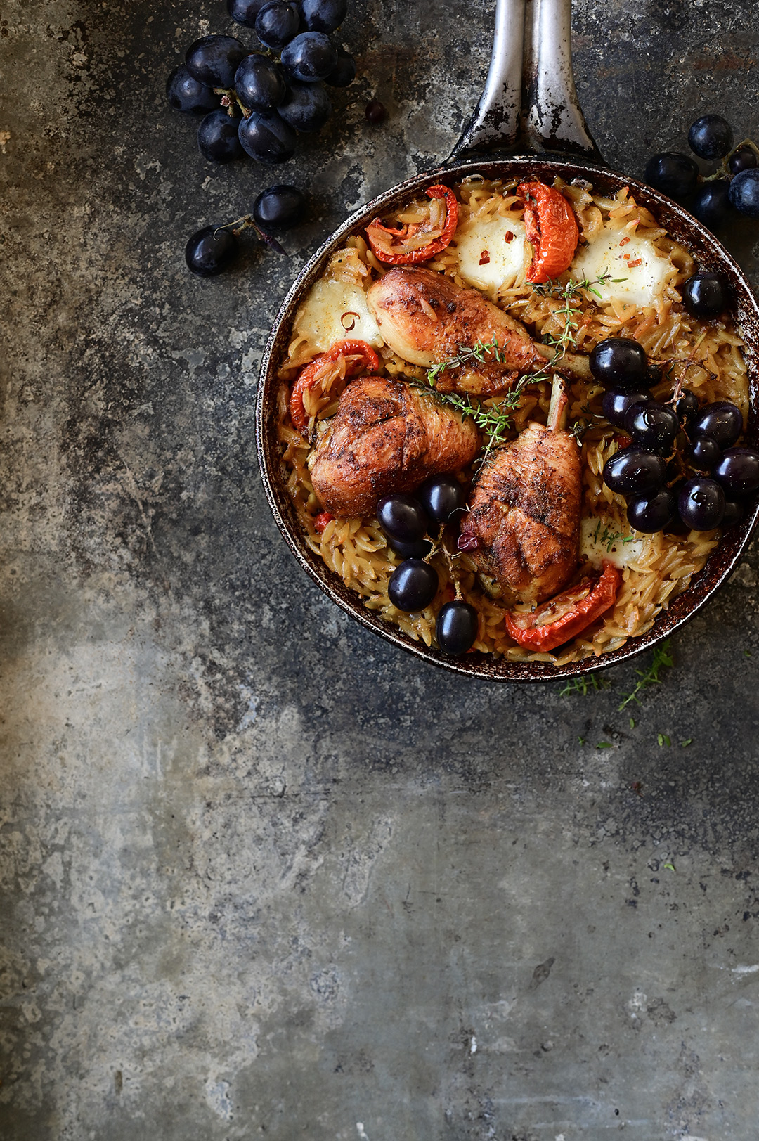 Roasted chicken with grapes and orzo