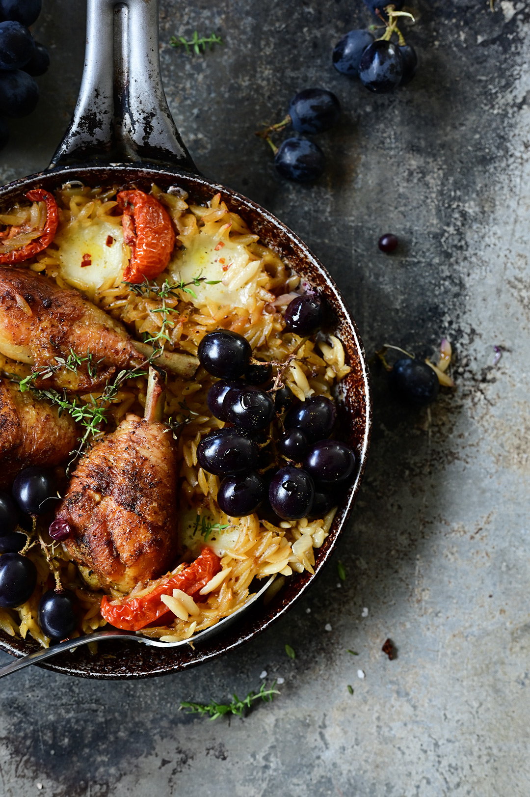 Roasted chicken with grapes and orzo