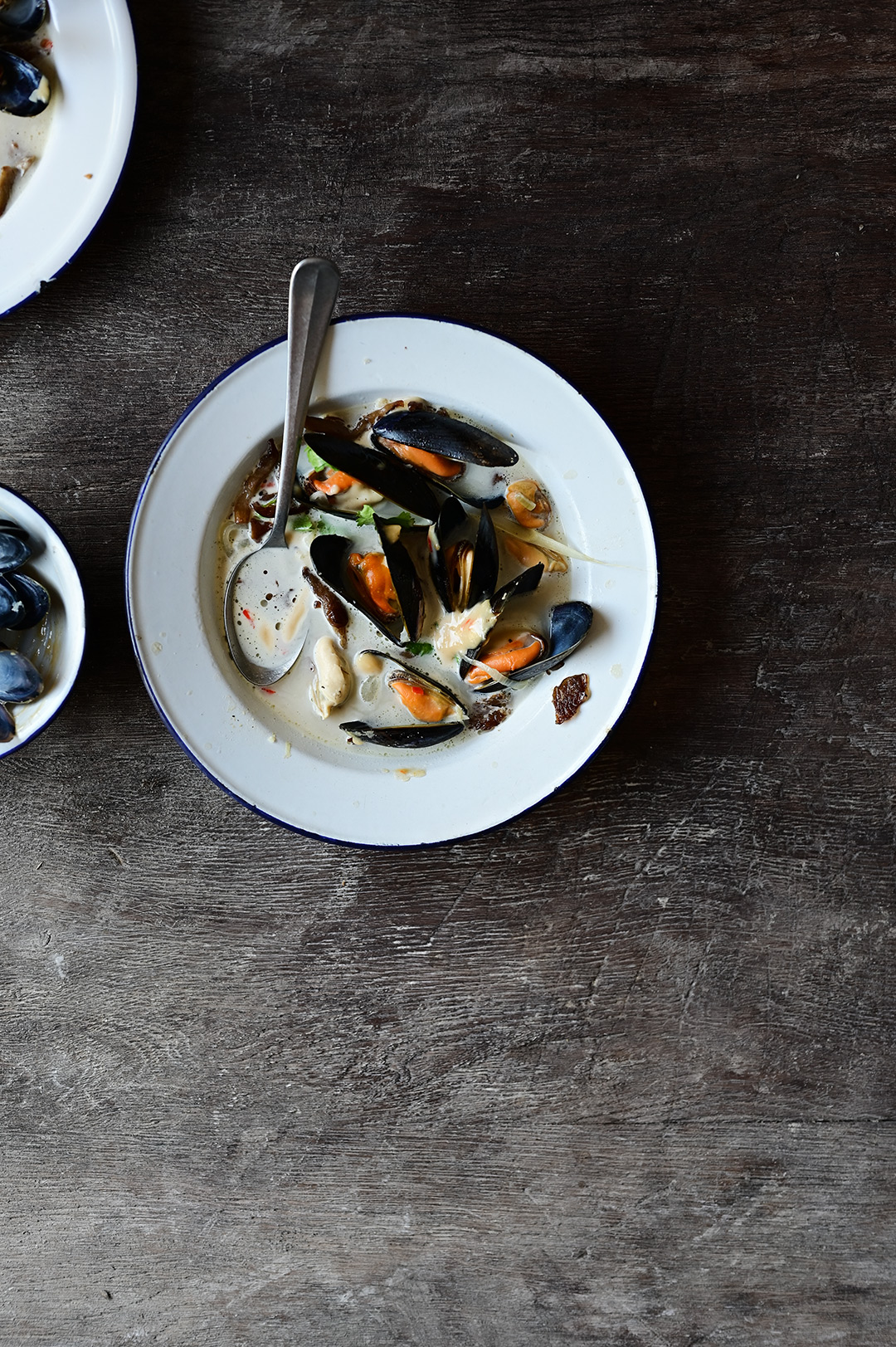 Creamy mussel soup with crispy oyster mushrooms and miso aïoli