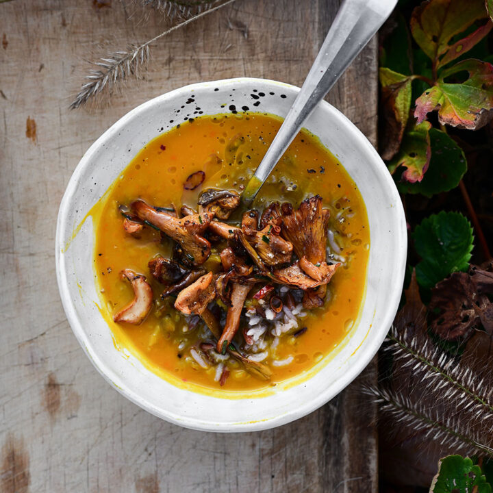 Roasted pumpkin soup with wild rice and miso mushrooms