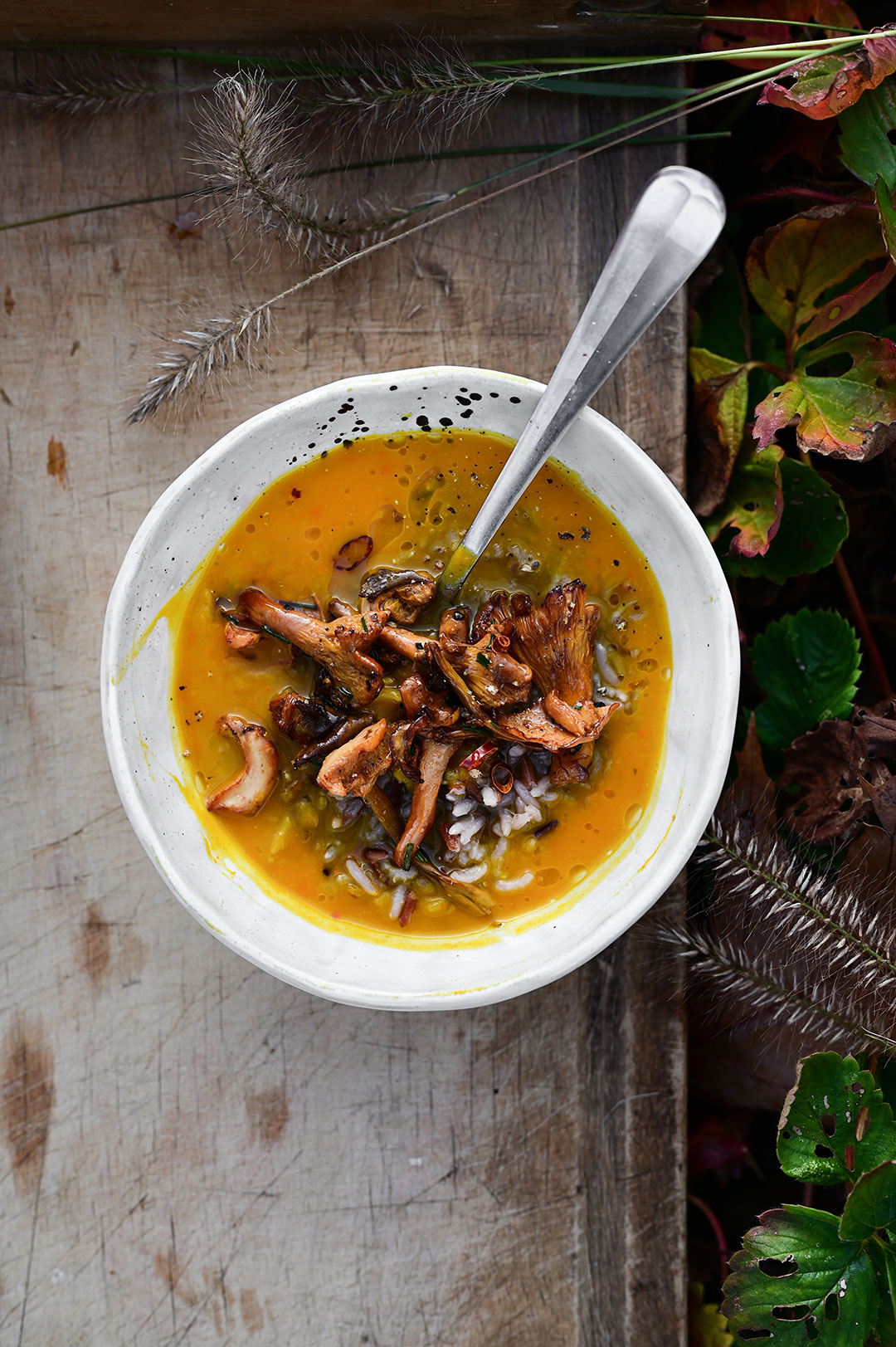 Roasted pumpkin soup with wild rice and miso mushrooms