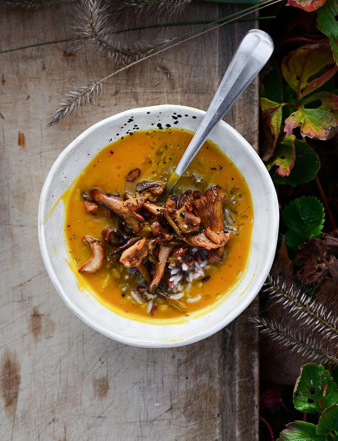 Roasted pumpkin soup with wild rice and miso mushrooms
