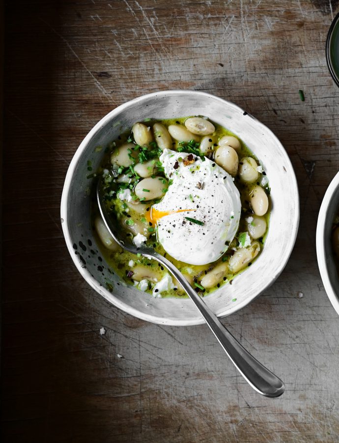 White Bean Stew with Feta and Poached Egg