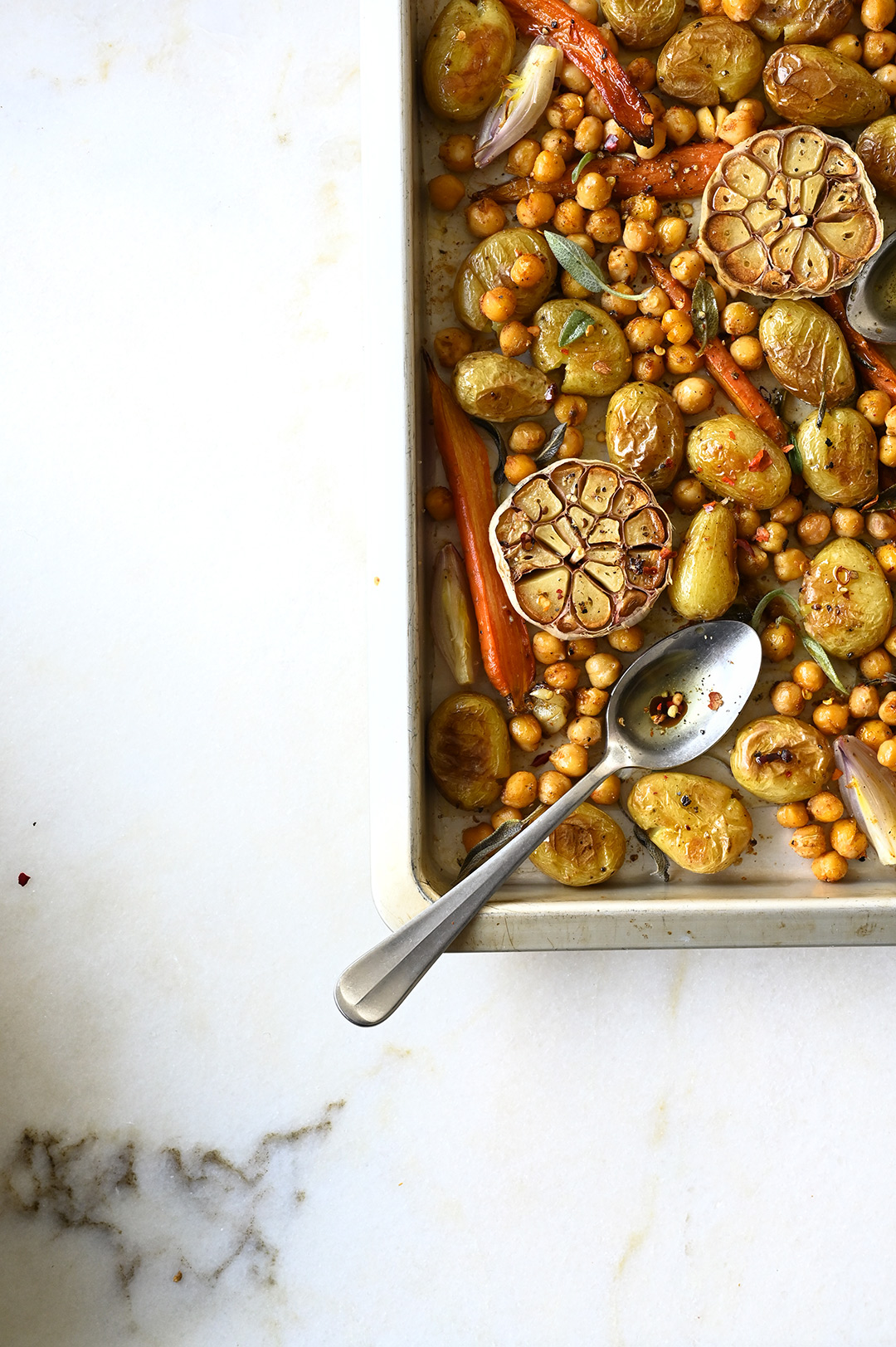 serving dumplings | Easy roasted potato and crunchy chickpea salad
