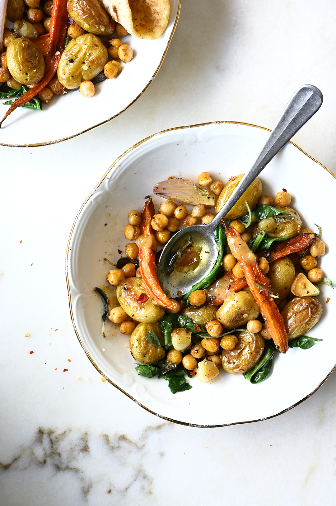 serving dumplings | Easy roasted potato and crunchy chickpea salad