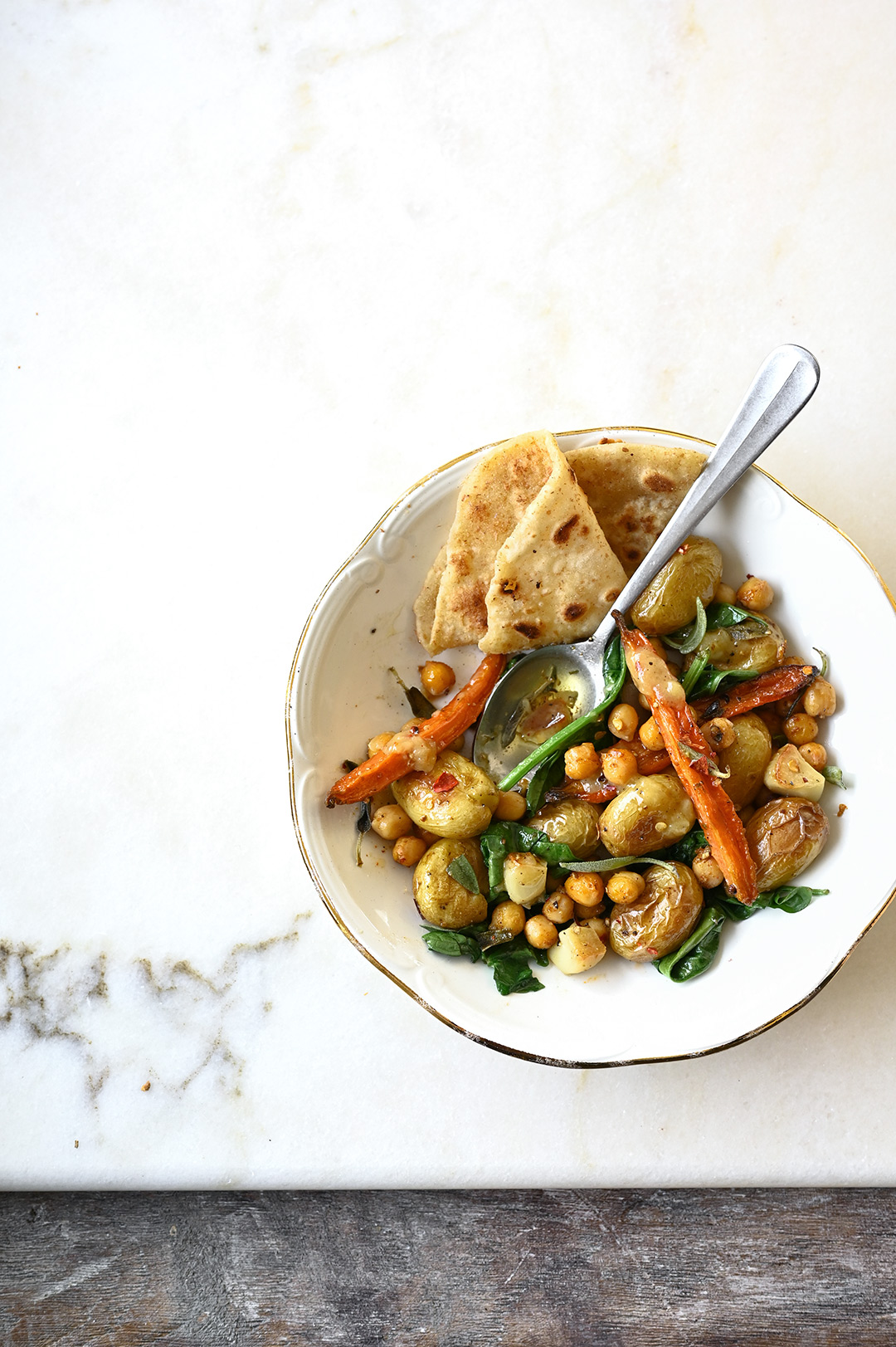 Easy roasted potato and crunchy chickpea salad