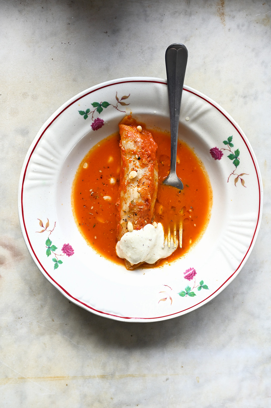 serving dumplings | Lebanese cabbage rolls with lamb, feta and a garlic tahini sauce