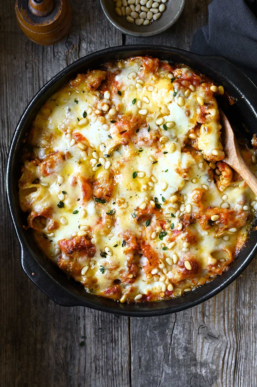 serving dumplings| Cheesy eggplant-beef bolognese pasta bake