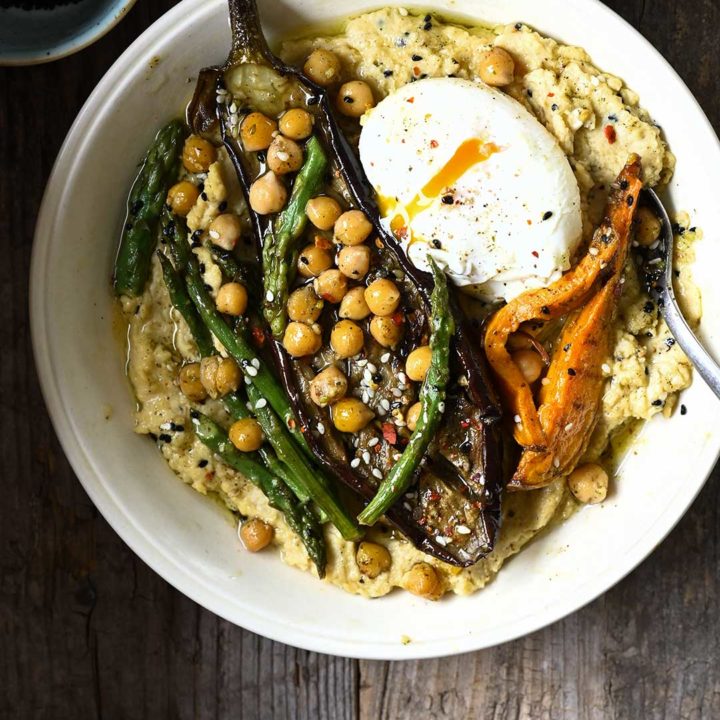 Hummus bowl with roasted vegetables