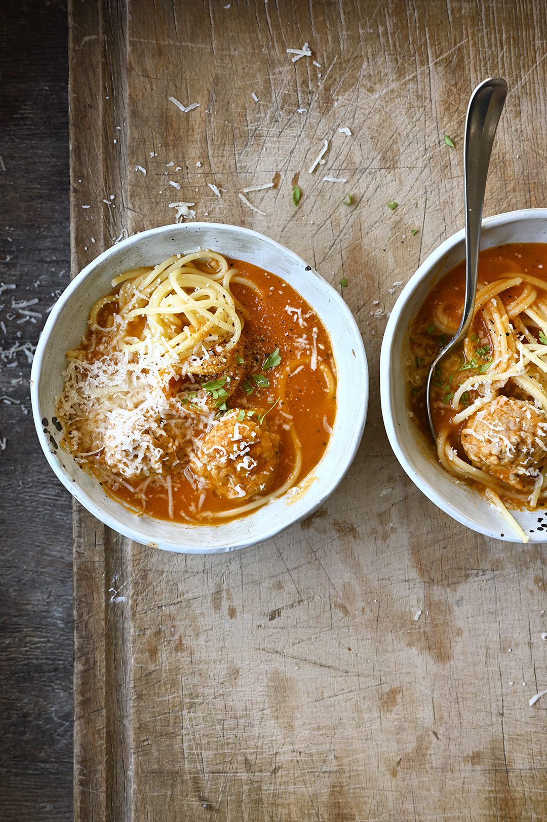 Tomato spaghetti and meatball soup