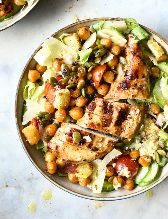 Chicken salad with chickpeas and parmesan dressing