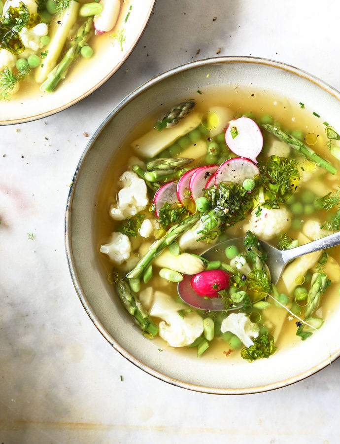 Spring vegetable soup with basil pistou