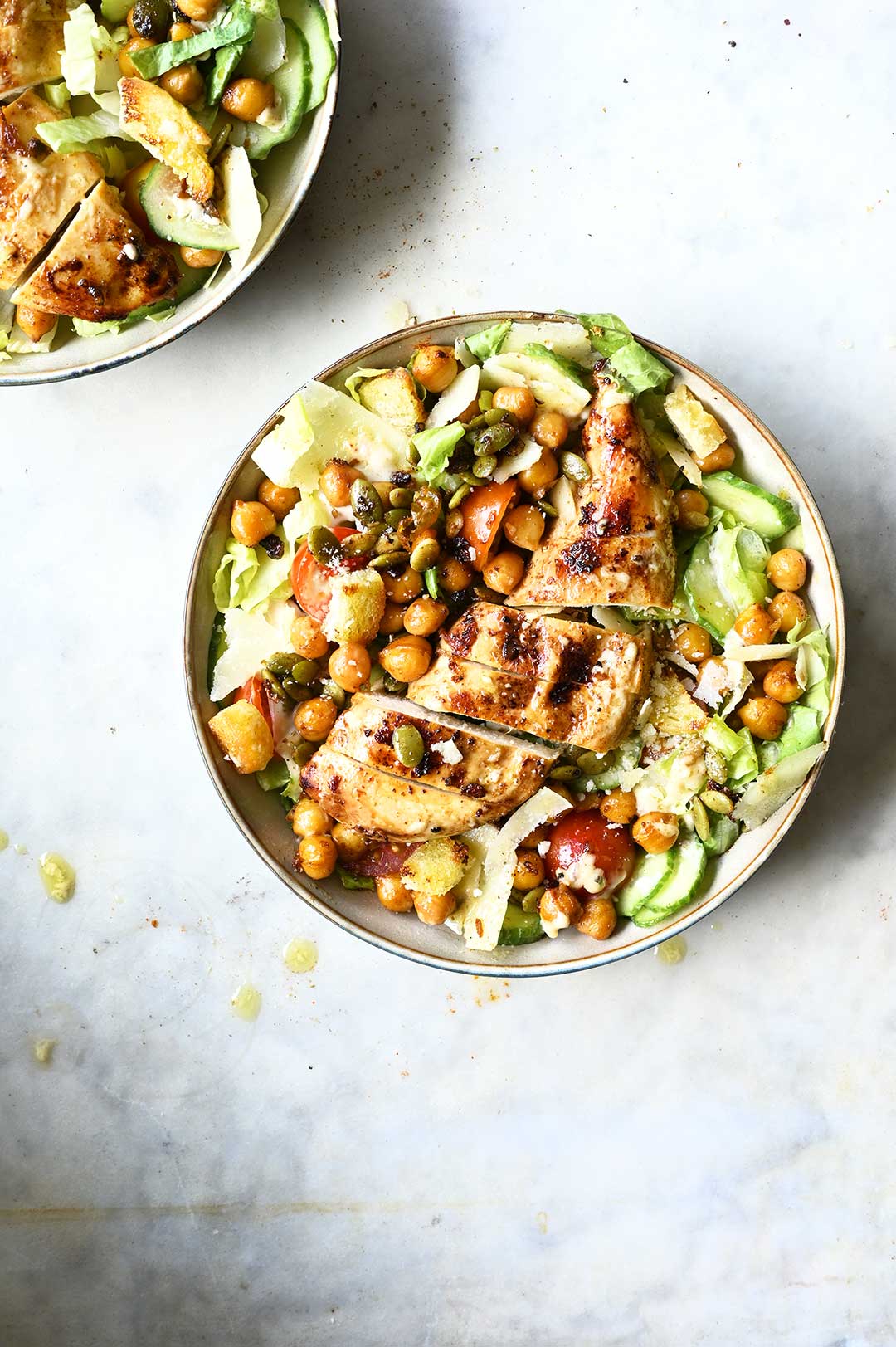 serving dumplings | Chicken salad with chickpeas and parmesan dressing